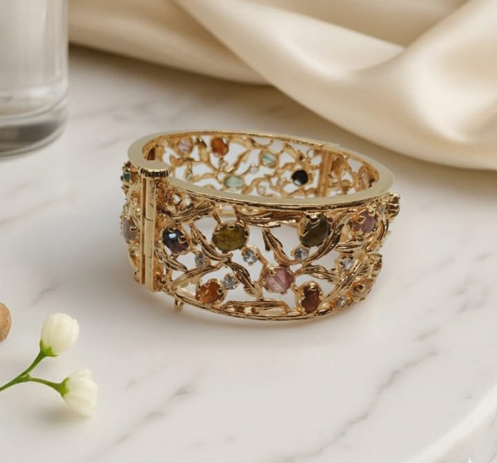 Elegant Gold-Masked Bangles Adorned with Multi-Color Stones